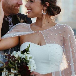 Modern Tulle Pearl Wedding Cape jacket, Bridal